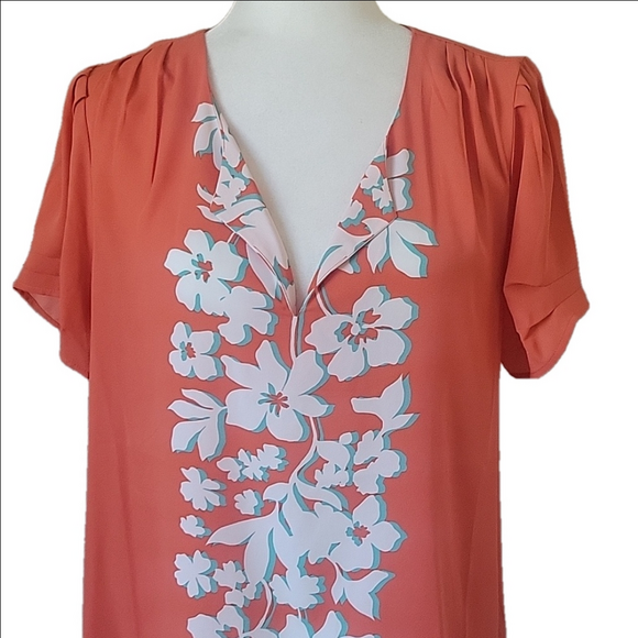 Dr2 L Orange V Neck Hawaiian Blouse NWT - Picture 2 of 8